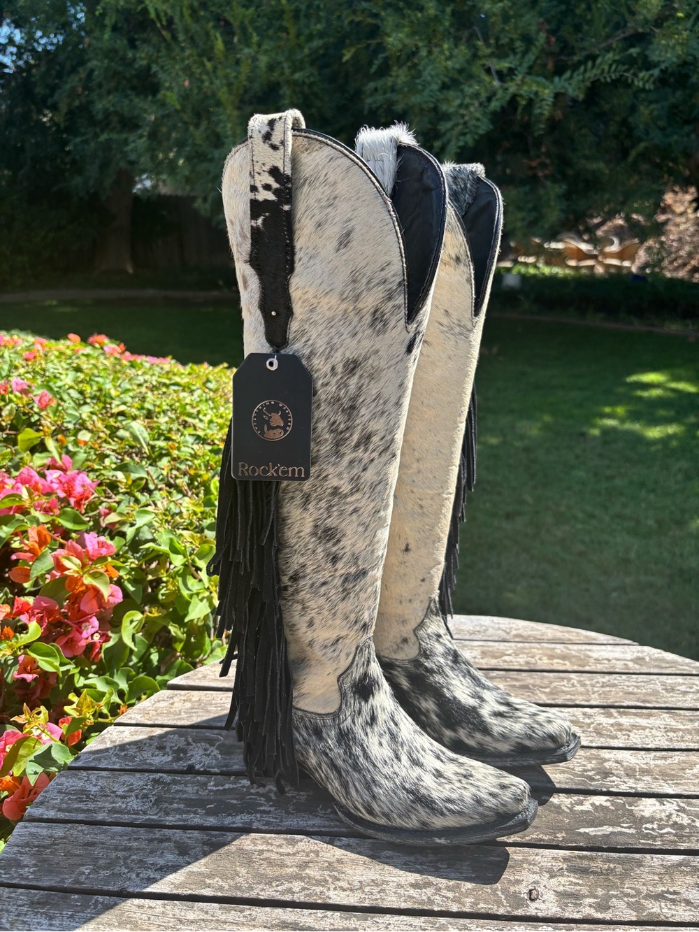 Rock’em Cowhide Black and White Fringe Decorative Boots